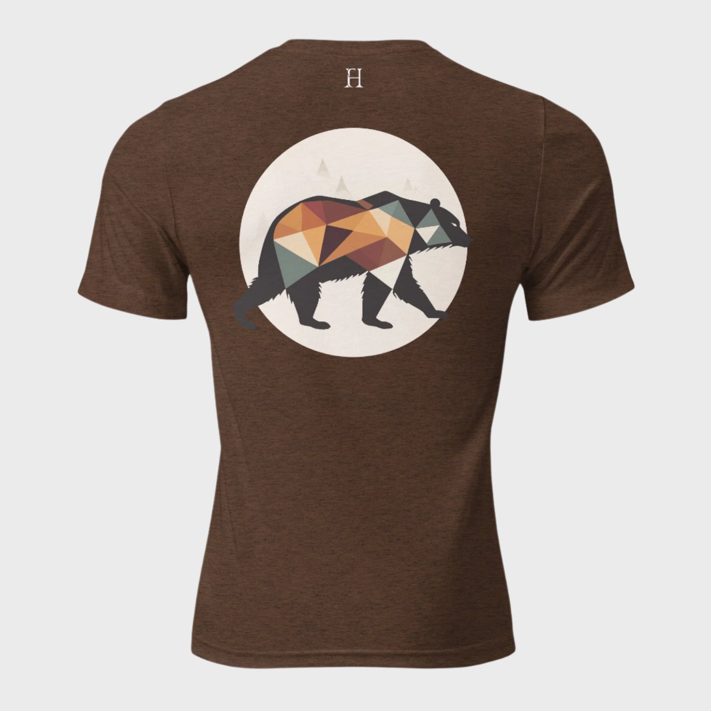 Back of Fearless Harbor Bear Edition T-Shirt in Brown with black, orange, and green bear design and FH logo near collar.