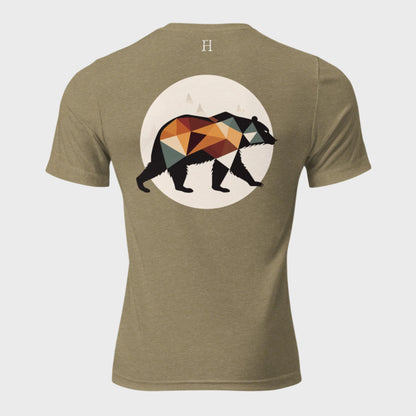 Back of Fearless Harbor Bear Edition T-Shirt in Olive with black, orange, and green bear design and FH logo near collar.