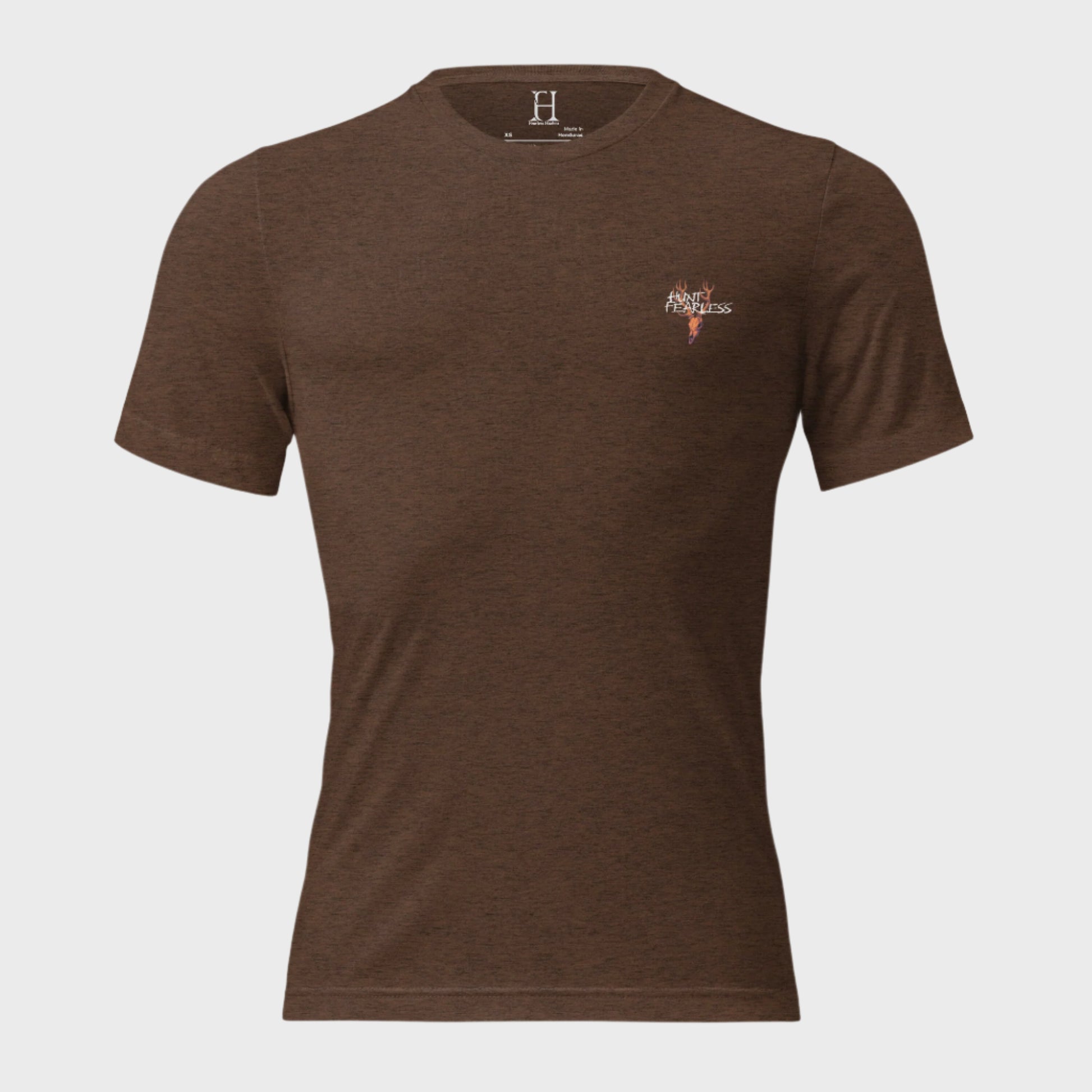 Front of Fearless Harbor Bear Edition T-Shirt in Brown with deer logo and the words Hunt Fearless.