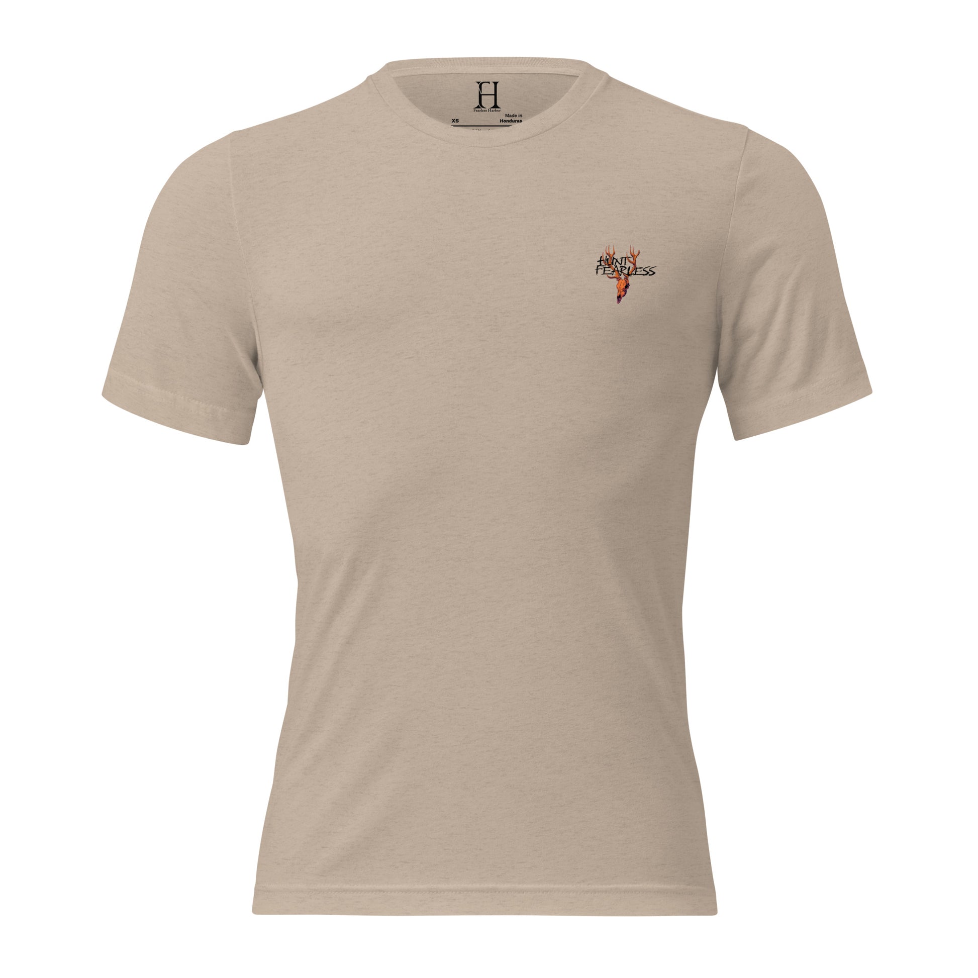 Front of Fearless Harbor Bear Edition T-Shirt in Tan with deer logo and the words Hunt Fearless.