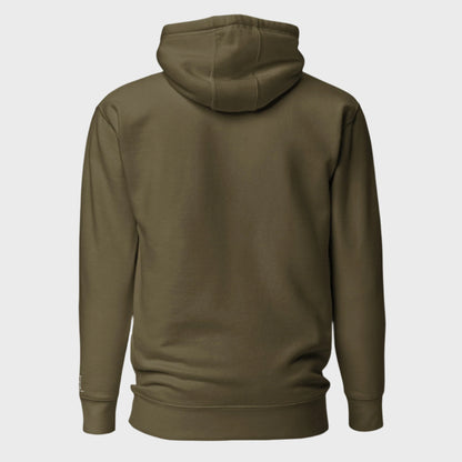 Back of Bigfoot Big Catch Pullover Hoodie in Military Green, blank with no graphics or text.