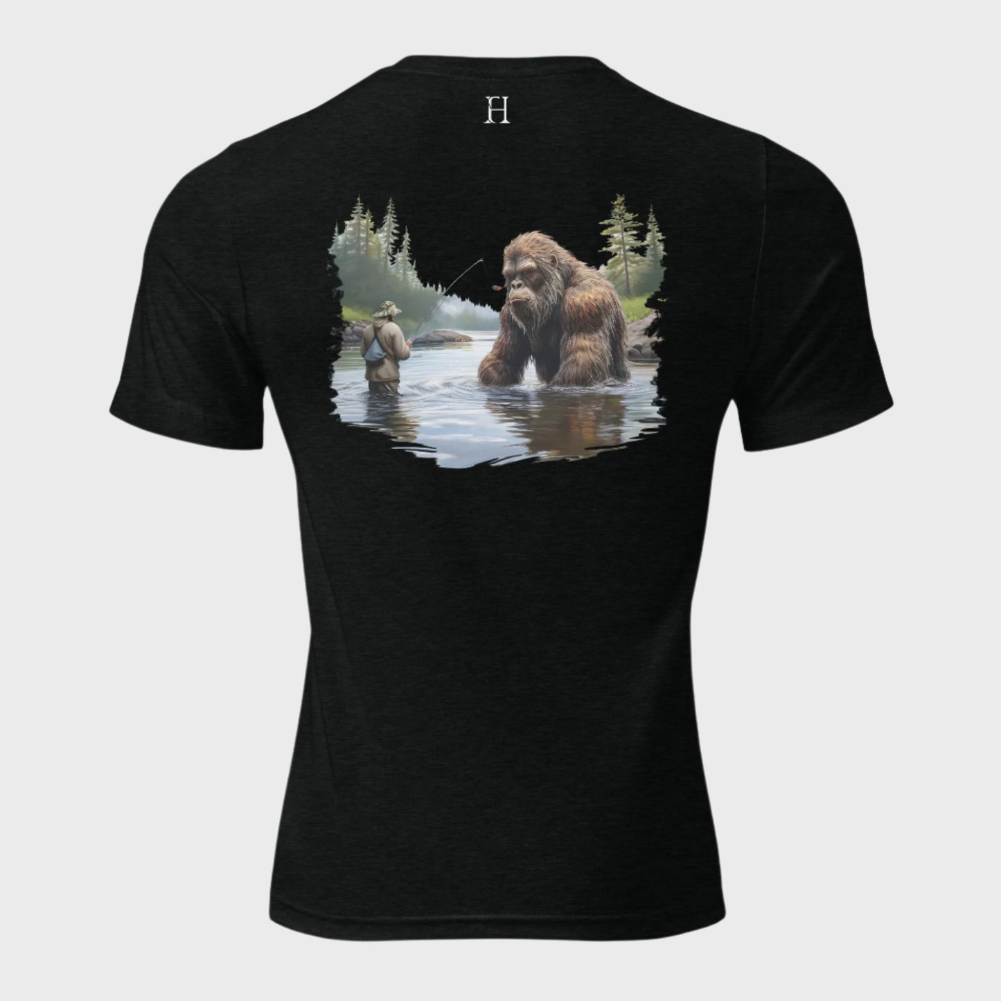 Back of Bigfoot Big Catch T-shirt in Black with design of a fisherman and hook caught on Bigfoot sitting in lake.