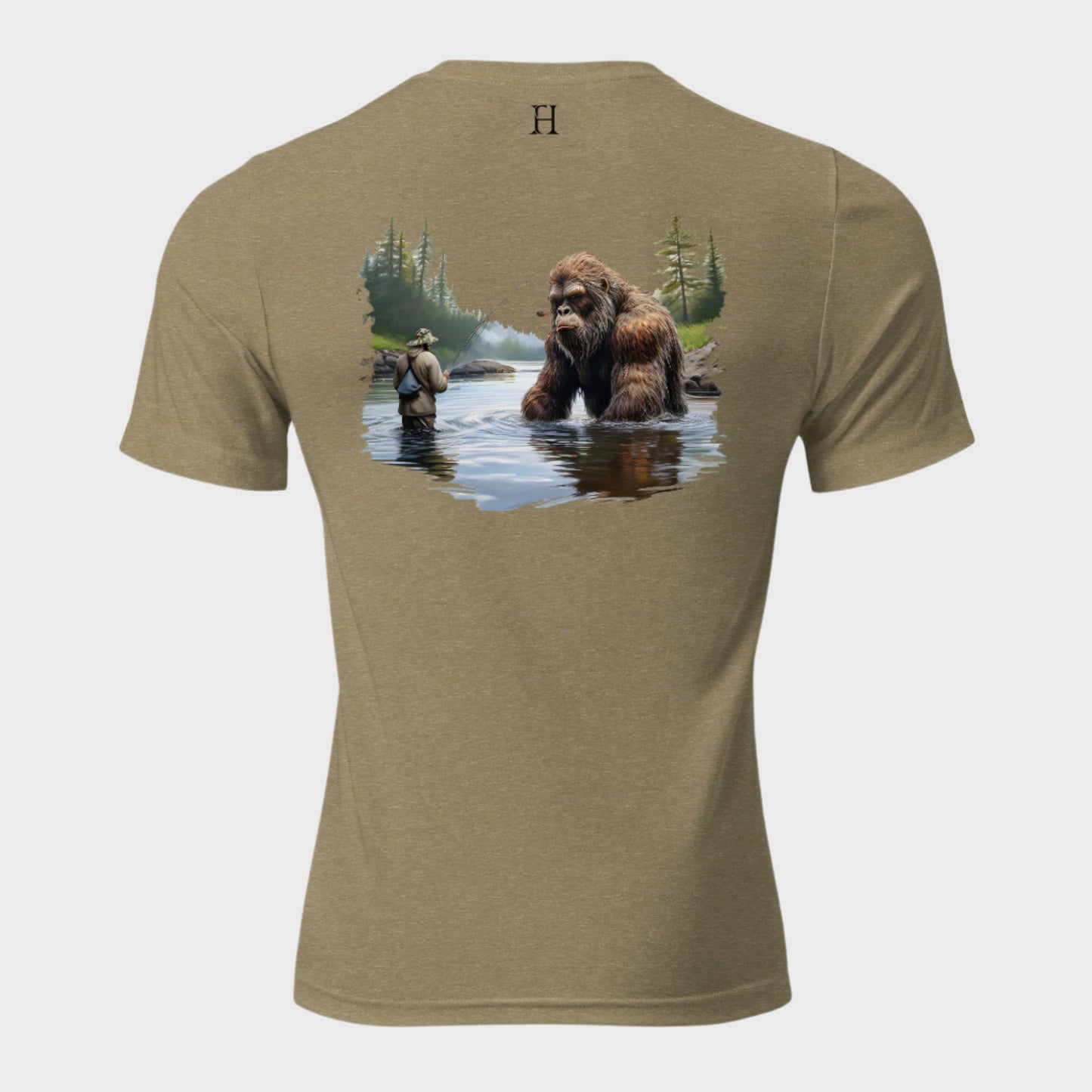 Back of Bigfoot Big Catch T-shirt in Olive with design of a fisherman and hook caught on Bigfoot sitting in lake.