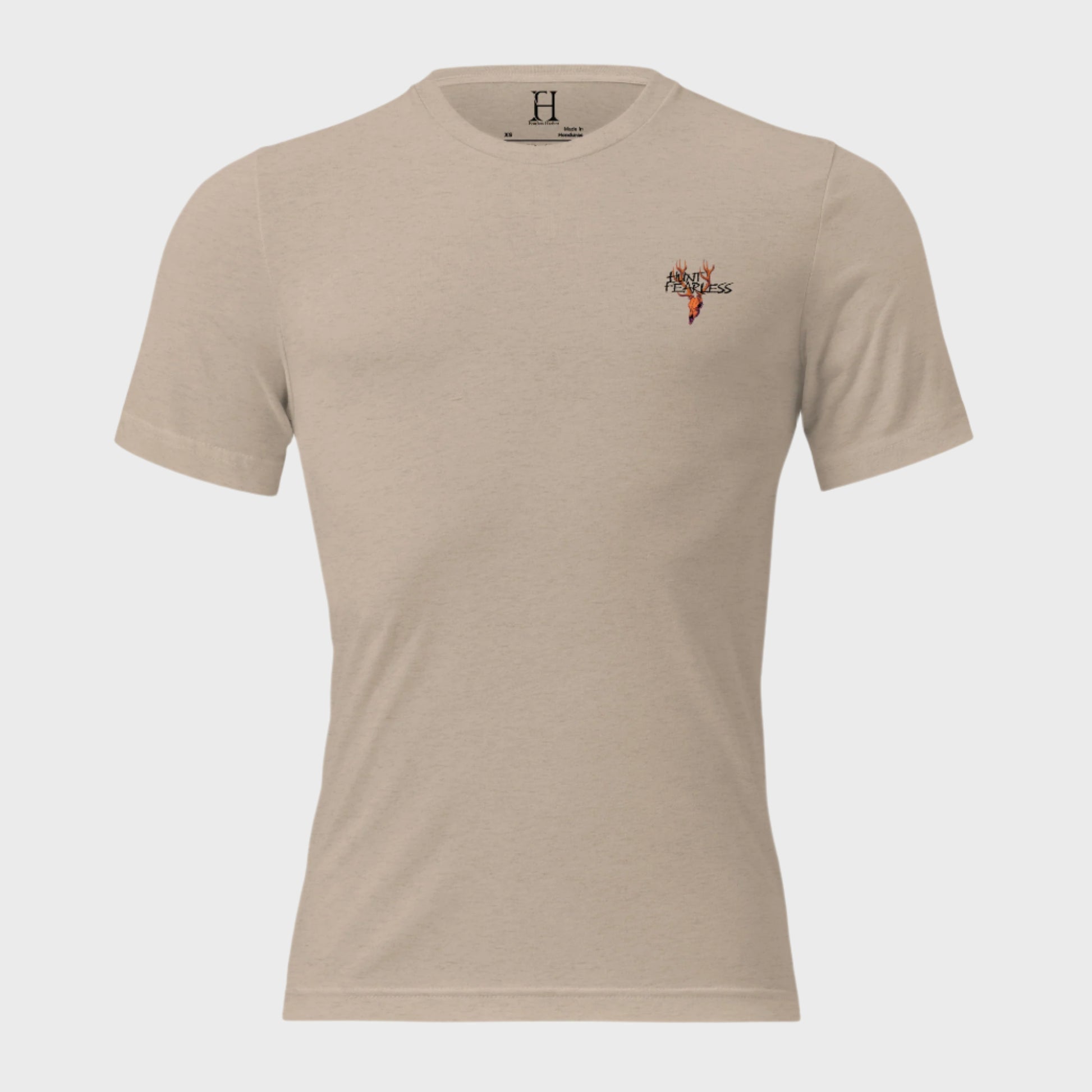 Front of Bigfoot Big Catch Edition T-Shirt in Tan with deer logo and the words Hunt Fearless.