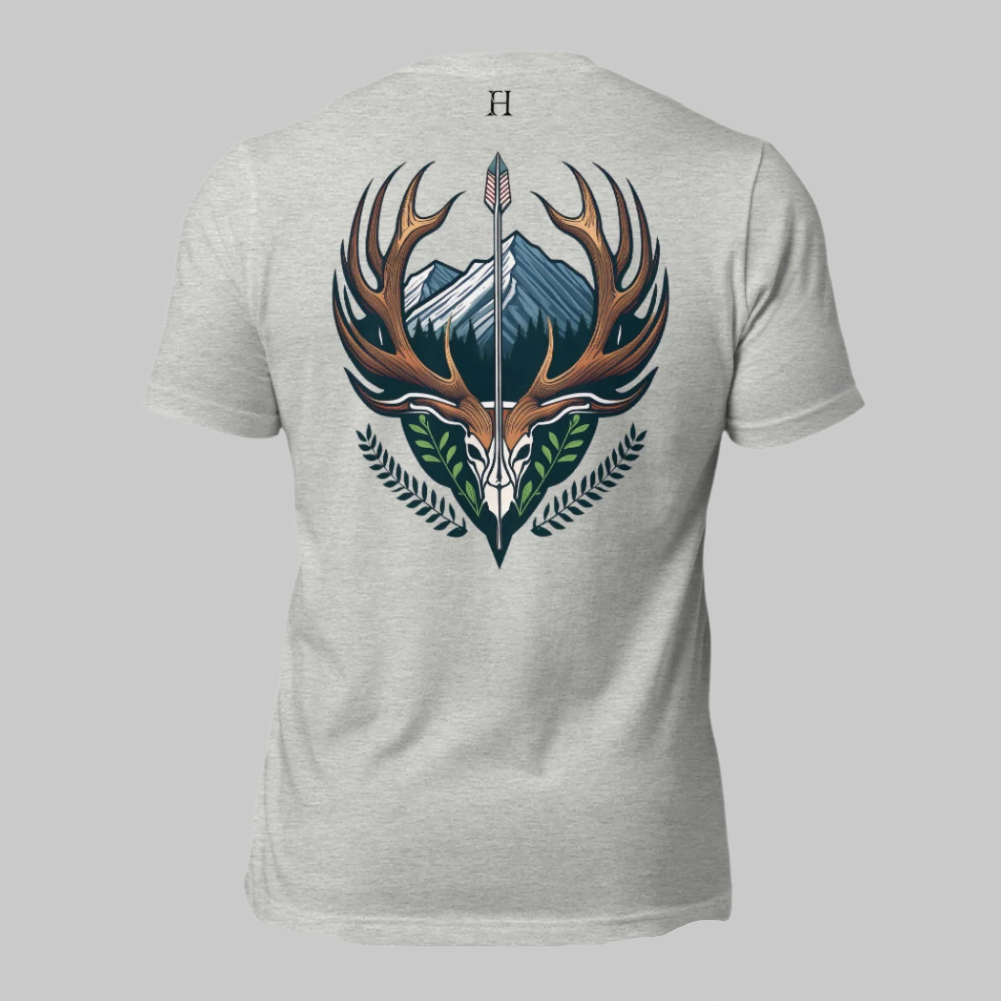 Back of Buck Crest T-Shirt in Grey, deer head with large antlers design, with FH logo near collar.