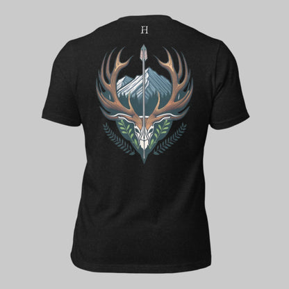 Back of Buck Crest T-Shirt in Black, deer head with large antlers design, with FH logo near collar.