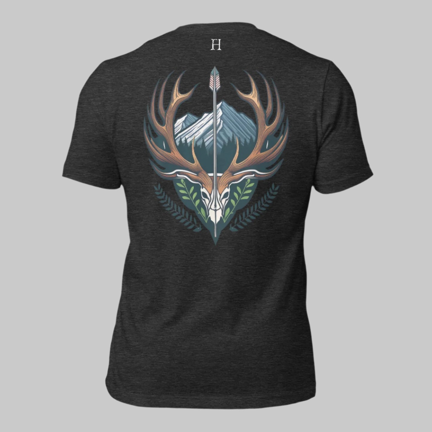 Back of Buck Crest T-Shirt in Dark Grey, deer head with large antlers design, with FH logo near collar.