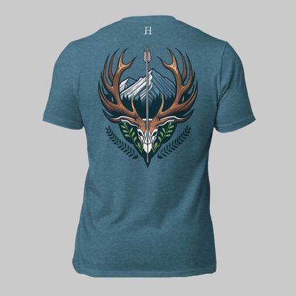 Back of Buck Crest T-Shirt in Deep Teal, deer head with large antlers design, with FH logo near collar.