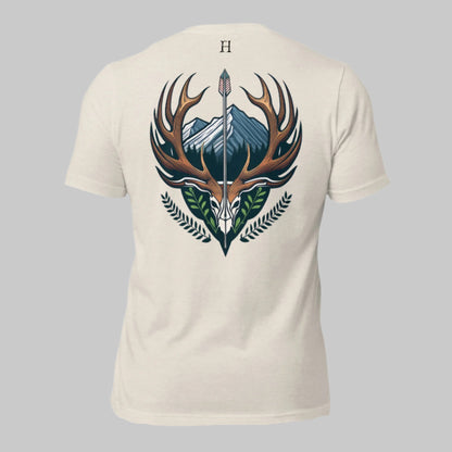 Back of Buck Crest T-Shirt in Dust, deer head with large antlers design, with FH logo near collar.