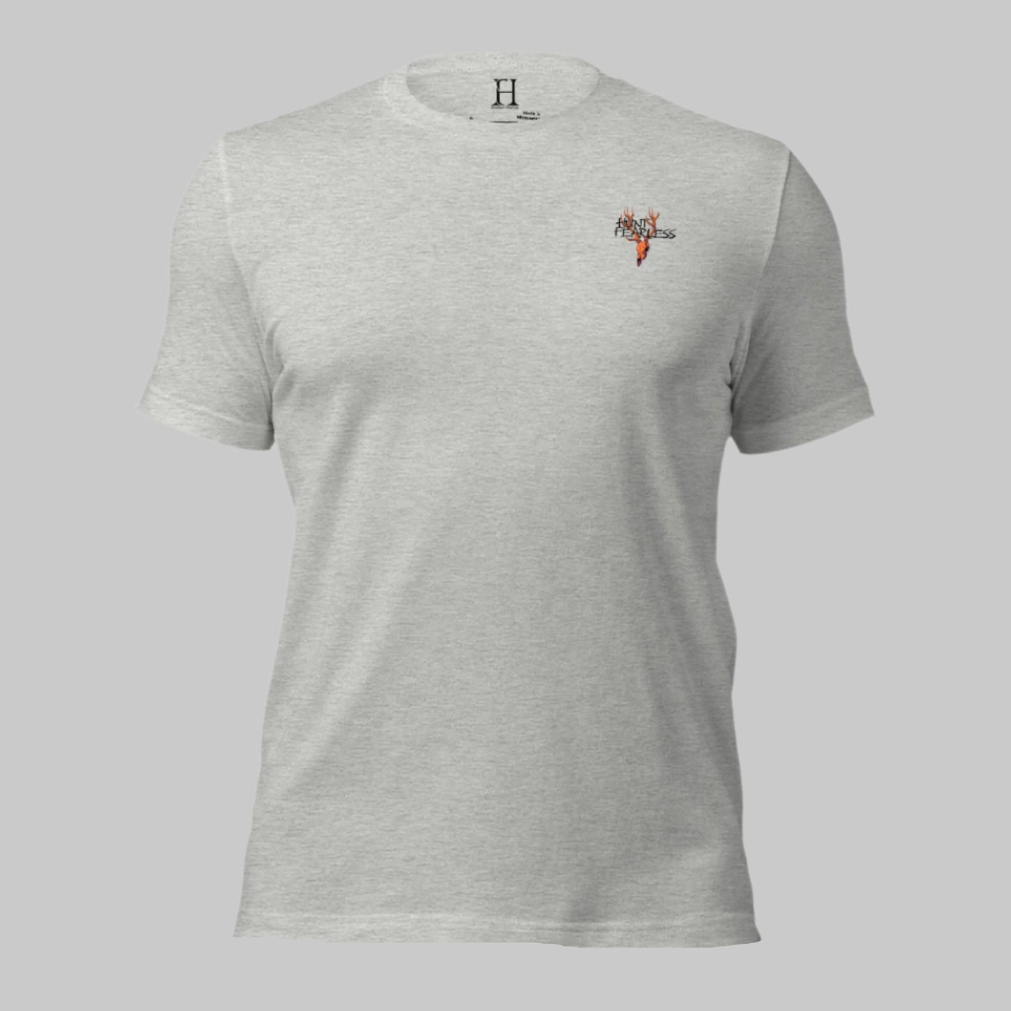 Front of Buck Deer Crest T-Shirt in Grey with deer logo and the words Hunt Fearless.