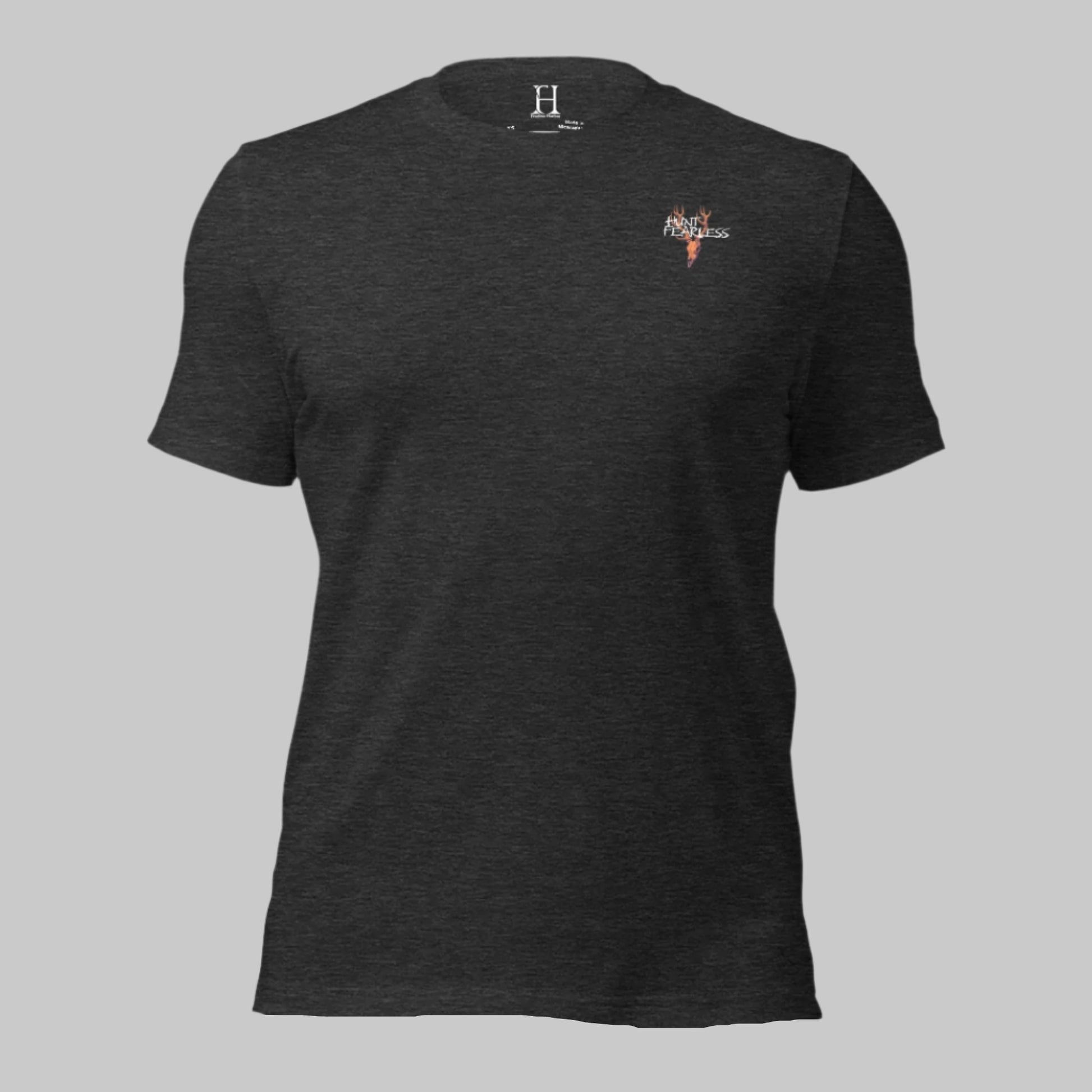 Front of Buck Deer Crest T-Shirt in Dark Grey with deer logo and the words Hunt Fearless.