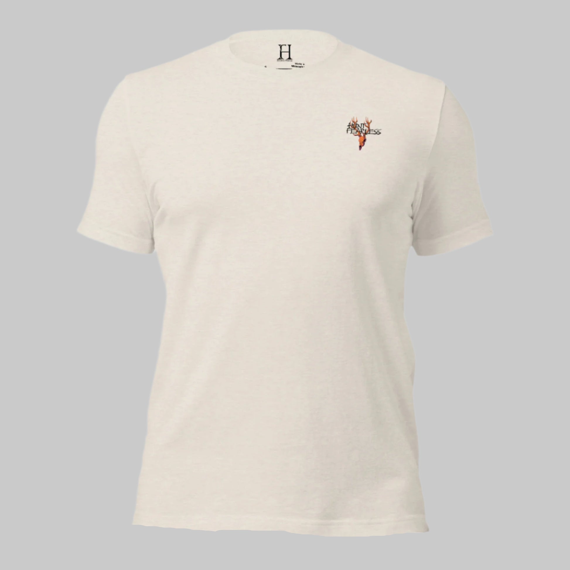 Front of Buck Deer Crest T-Shirt in Dust with deer logo and the words Hunt Fearless.