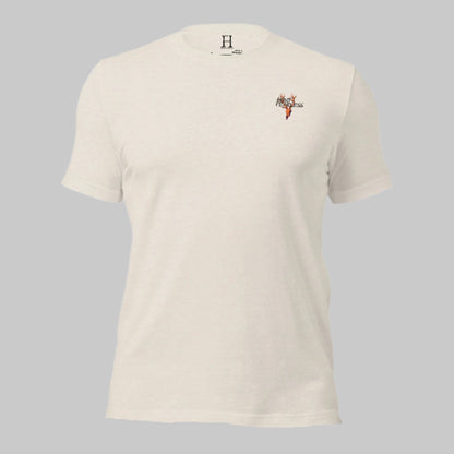 Front of Buck Deer Crest T-Shirt in Dust with deer logo and the words Hunt Fearless.