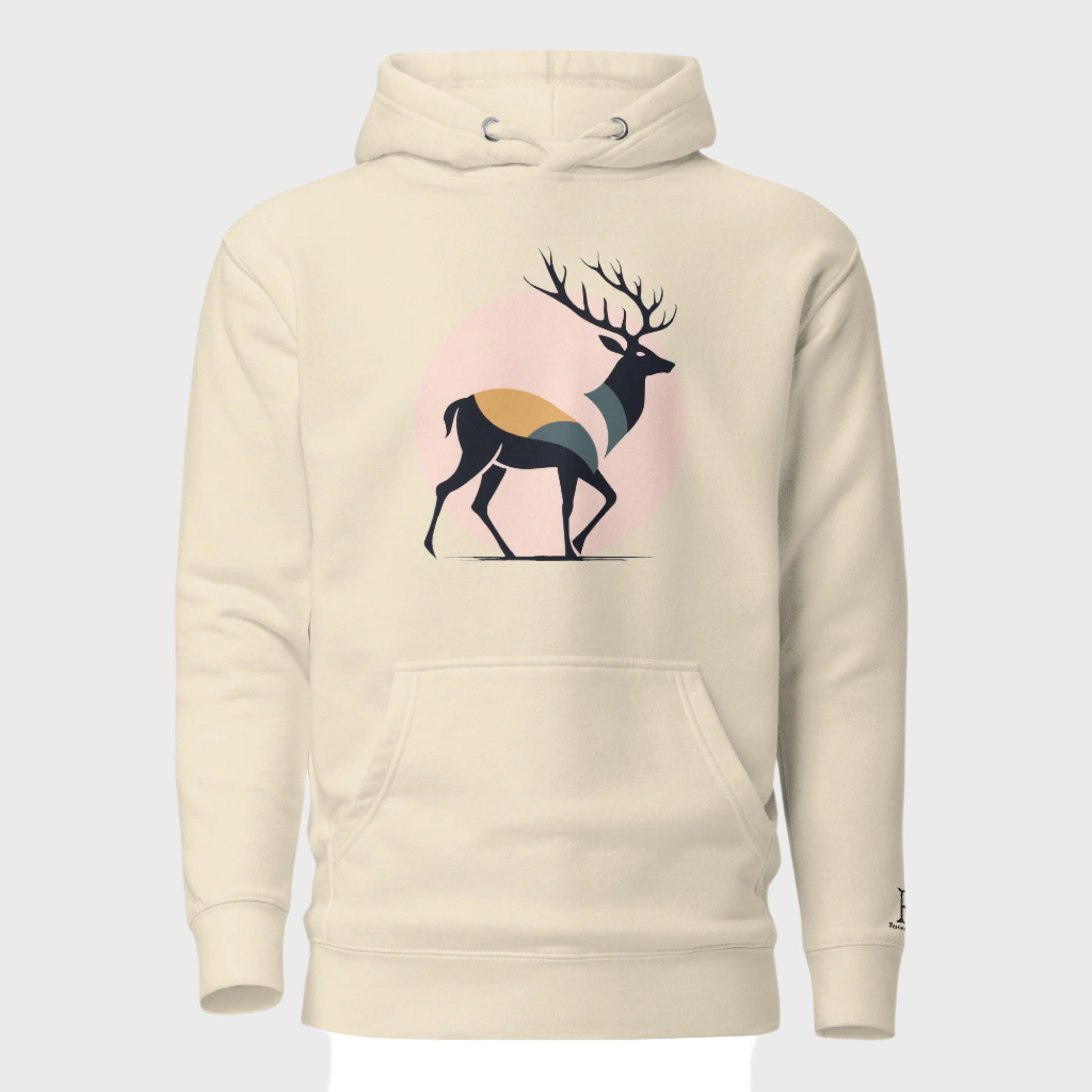 Front of Buck Edition Pullover Hoodie in Bone with silhouette of a buck deer walking in front of a moon design.