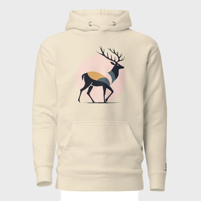 Front of Buck Edition Pullover Hoodie in Bone with silhouette of a buck deer walking in front of a moon design.