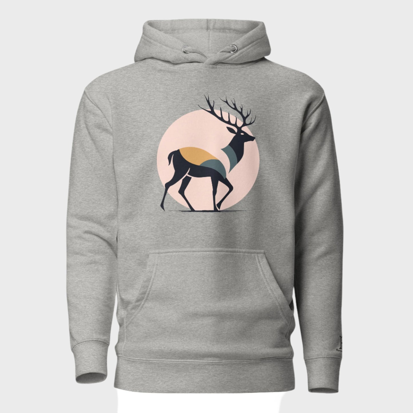 Front of Buck Edition Pullover Hoodie in Grey with silhouette of a buck deer walking in front of a moon design.