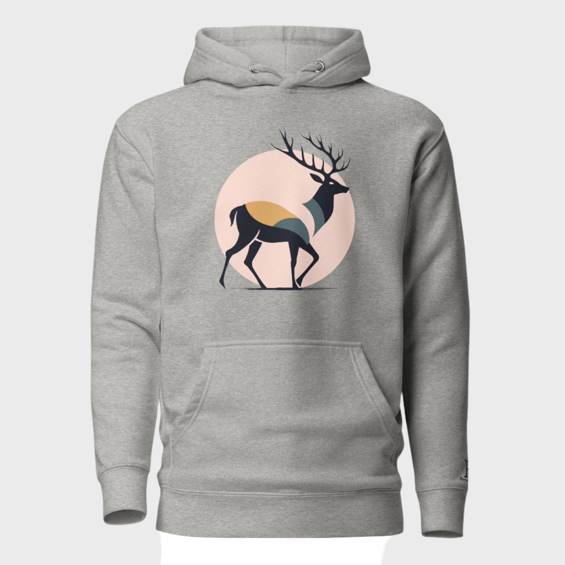 Front of Buck Edition Pullover Hoodie in Grey with silhouette of a buck deer walking in front of a moon design.