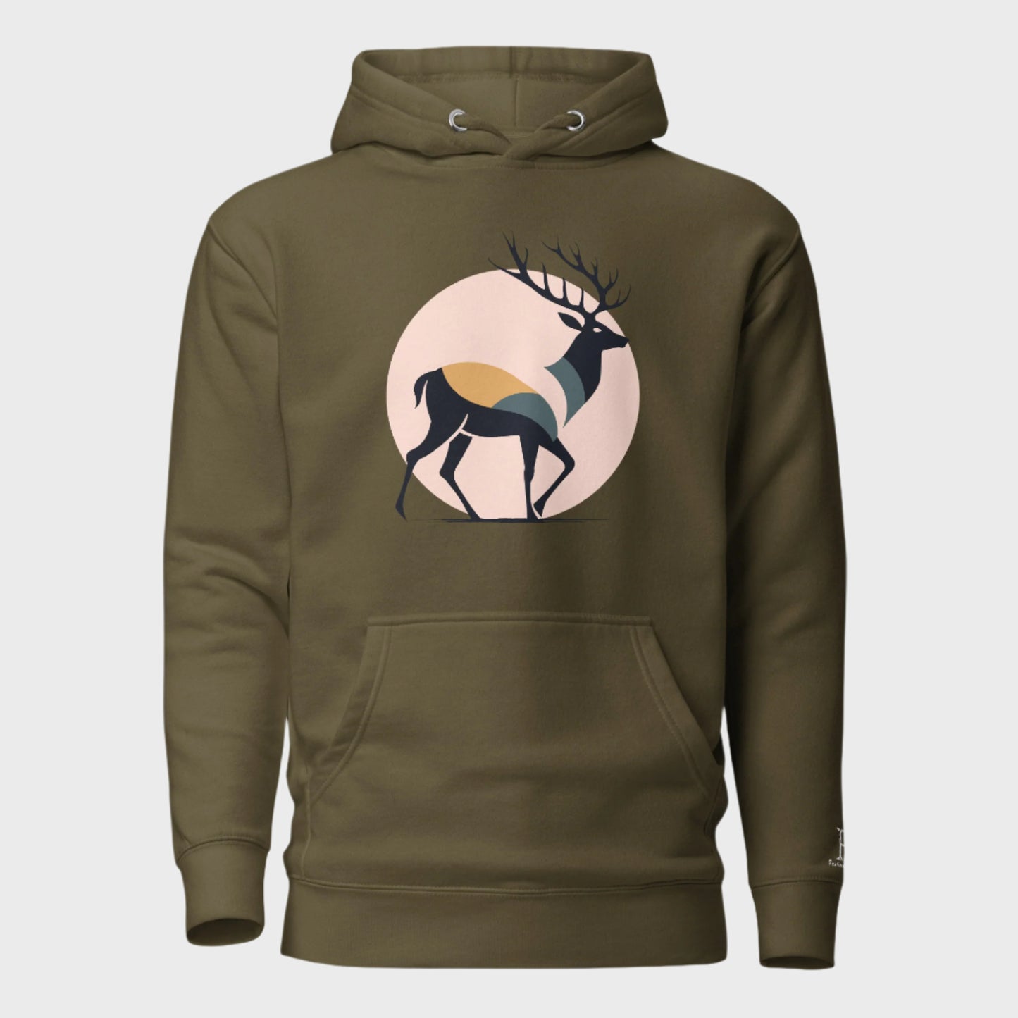 Front of Buck Edition Pullover Hoodie in Military Green with silhouette of a buck deer walking in front of a moon design.