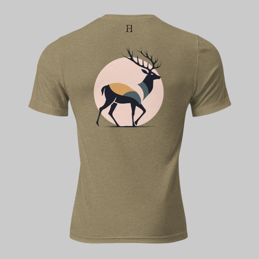 Back of Buck Edition Tee in Olive with a Buck Deer Silhouette design, and FH logo in black.