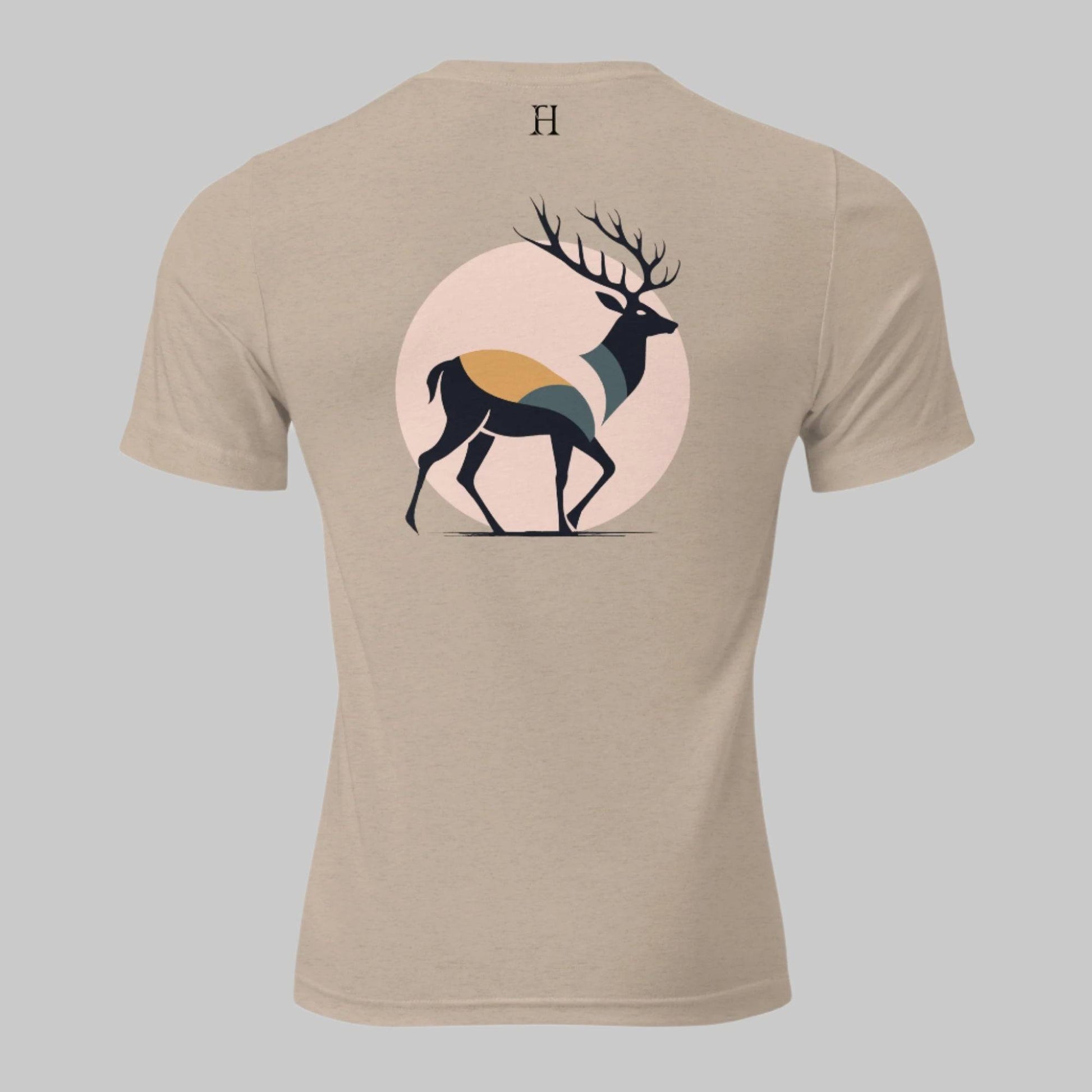 Back of Buck Edition Tee in Tan with a Buck Deer Silhouette design, and FH logo in black.