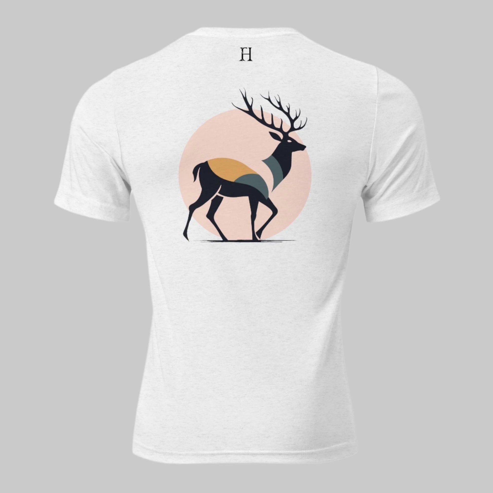 Back of Buck Edition Tee in White with a Buck Deer Silhouette design, and FH logo in black.