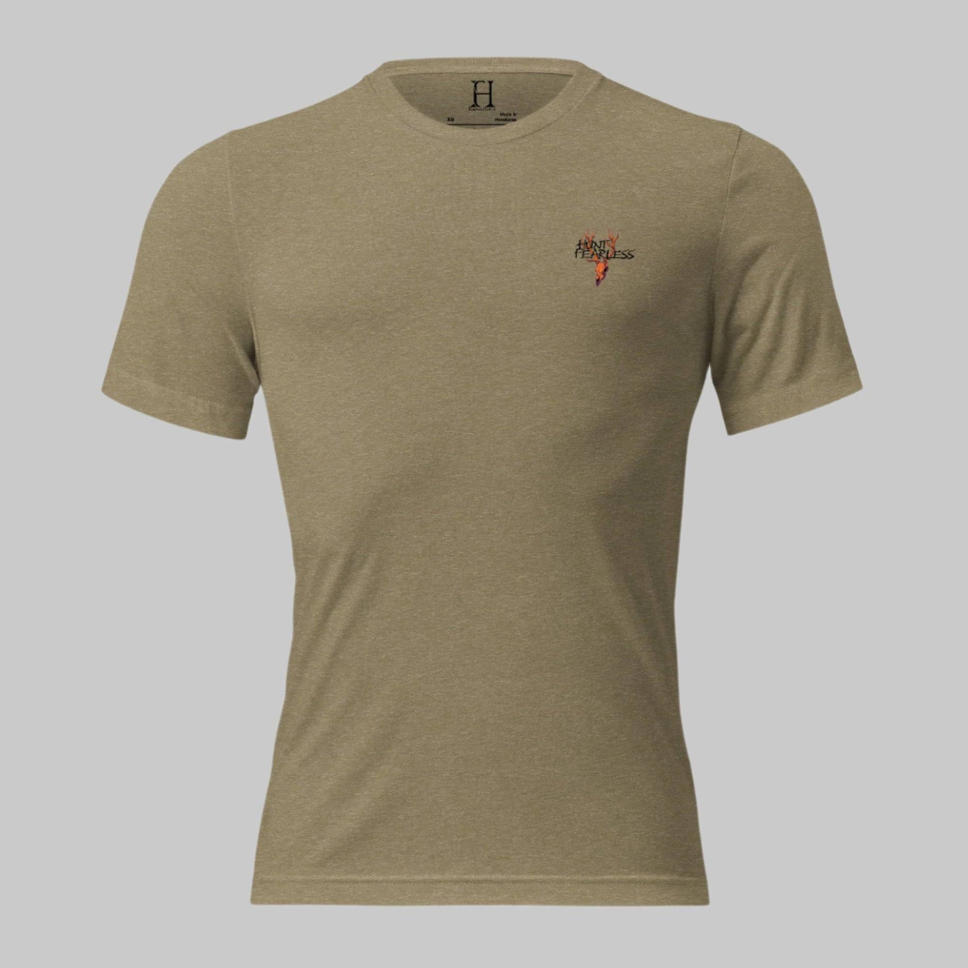 Front of Fearless Harbor Buck Edition T-Shirt in Olive with deer logo and the words Hunt Fearless.