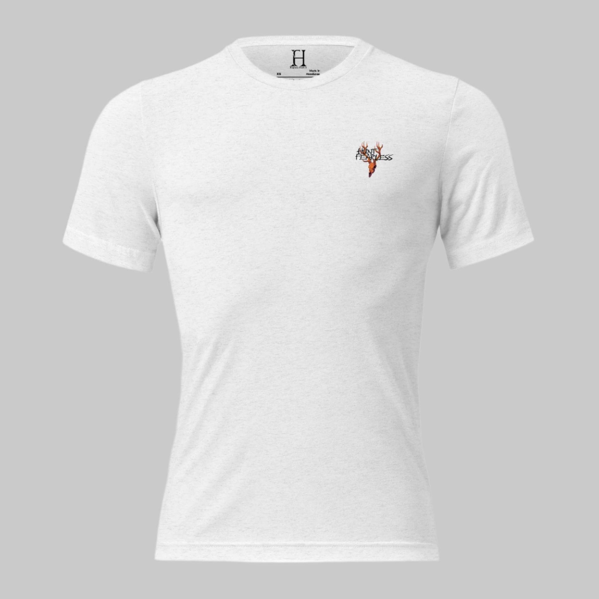 Front of Fearless Harbor Buck Edition T-Shirt in White with deer logo and the words Hunt Fearless.