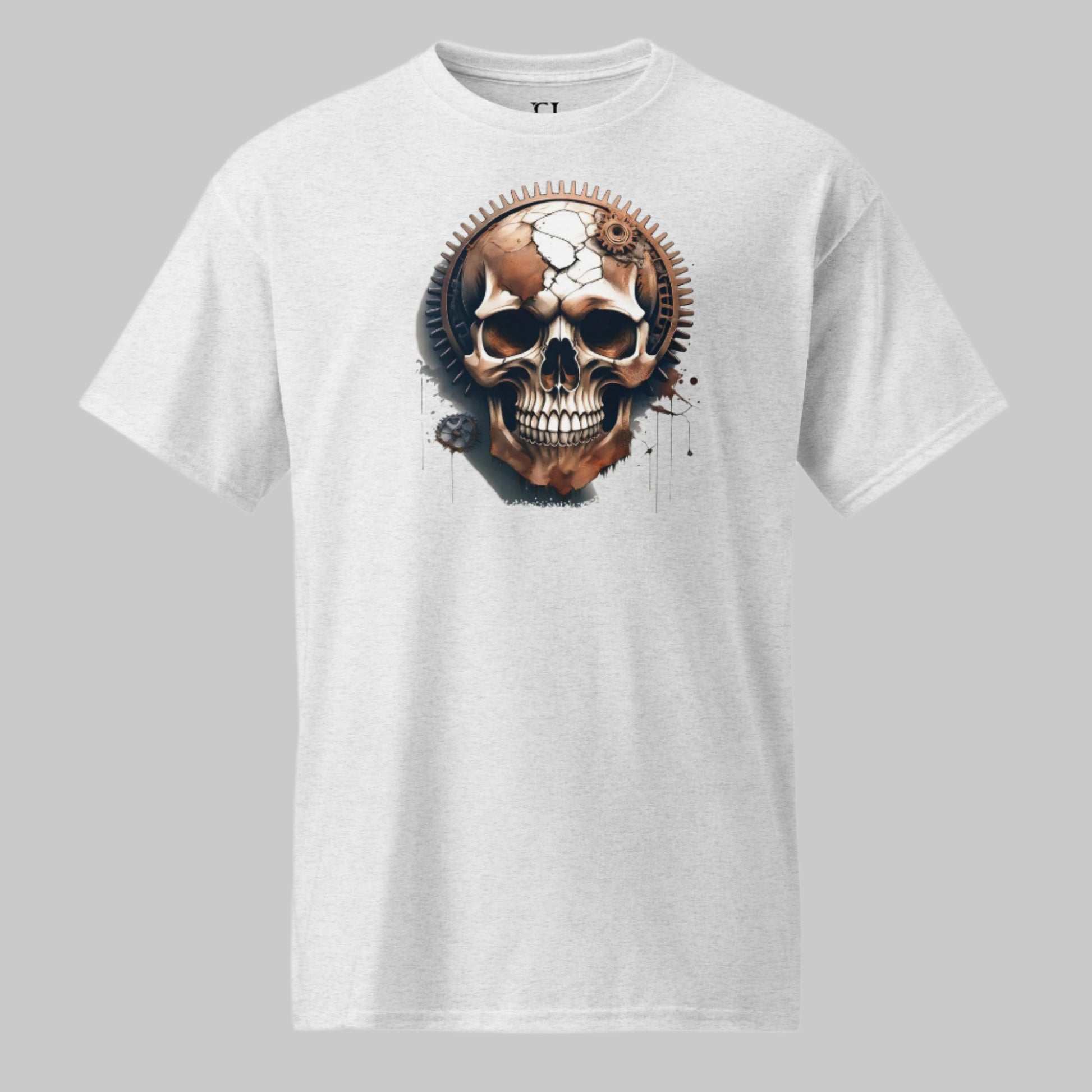 Front of Skull Gear Workout Tee – Built From Fragments in Ash with a Skull built from Gear Fragments design.