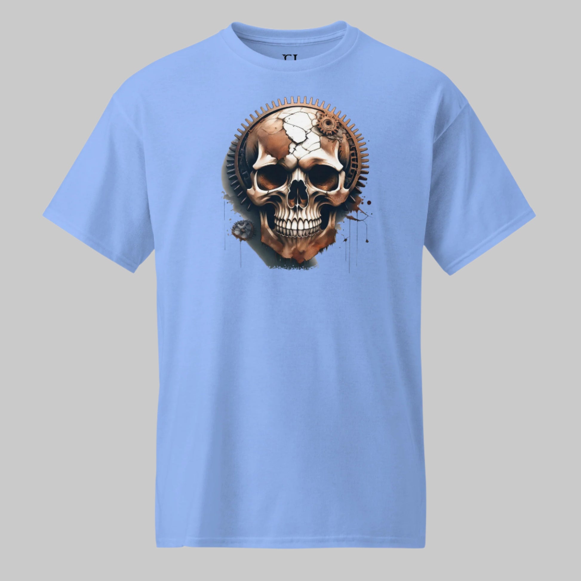 Front of Skull Gear Workout Tee – Built From Fragments in Caroline Blue with a Skull built from Gear Fragments design.