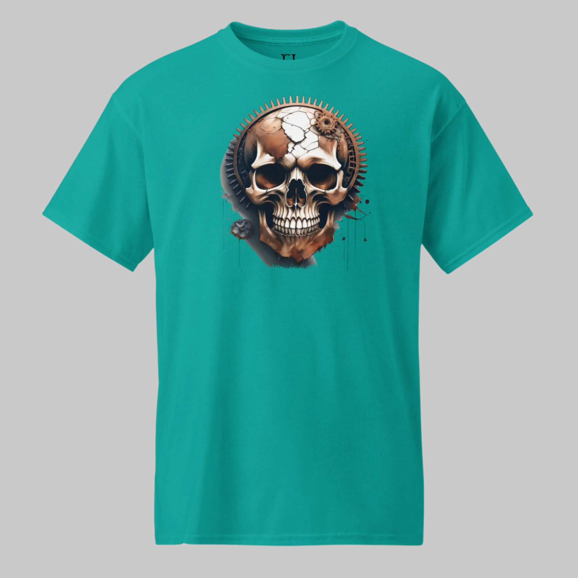 Front of Skull Gear Workout Tee – Built From Fragments in Jade with a Skull built from Gear Fragments design.