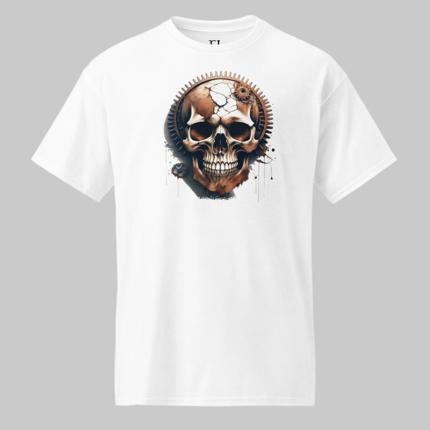 Front of Skull Gear Workout Tee – Built From Fragments in White with a Skull built from Gear Fragments design.