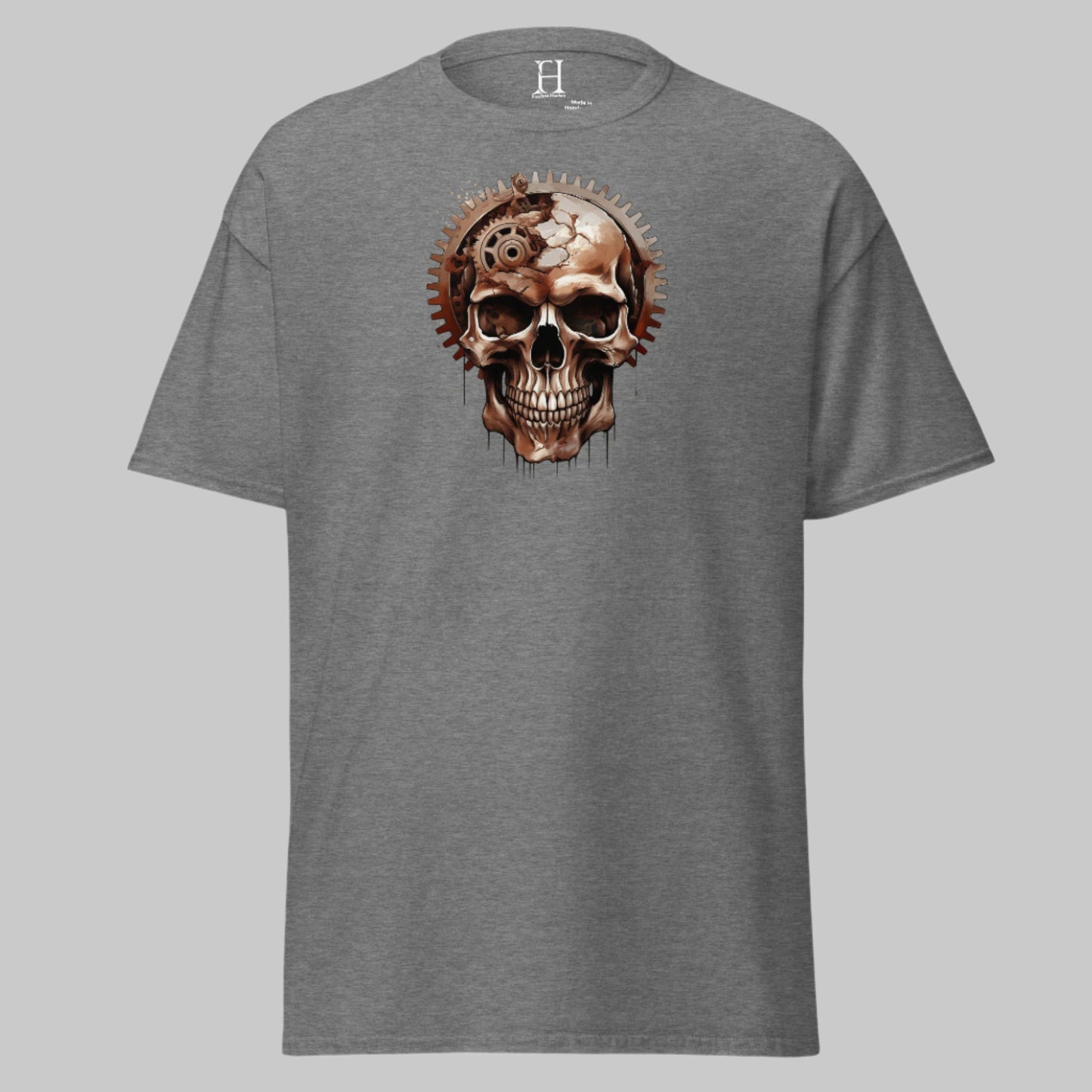 Front of Skull Graphic T-Shirt in Graphite with Bold Skull Design with Gear Fragments design.