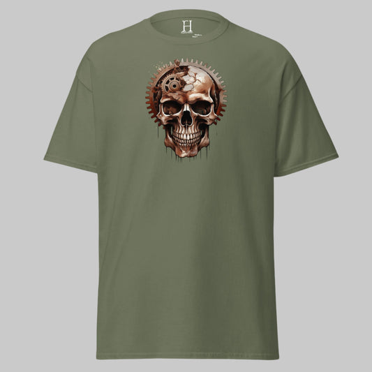 Front of Skull Graphic T-Shirt in Military Green with Bold Skull Design with Gear Fragments design.