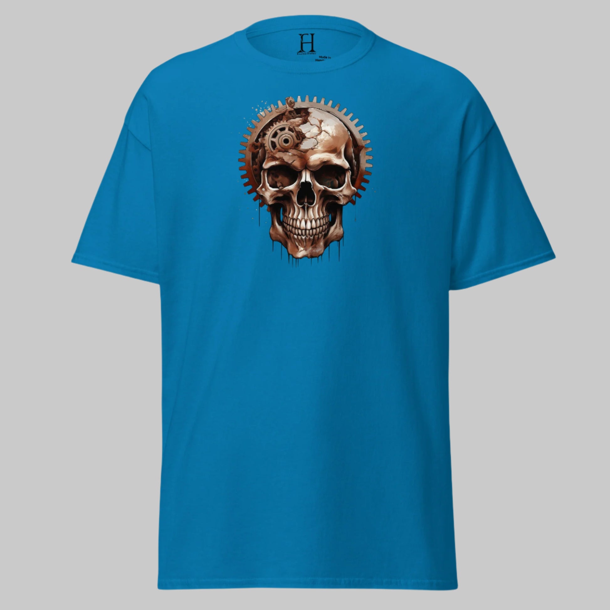 Front of Skull Graphic T-Shirt in Sapphire with Bold Skull Design with Gear Fragments design.