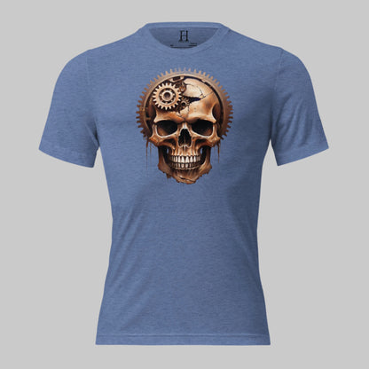 Front of Skull Gear Graphic Tee in Blue with Skull made with gear fragments design.