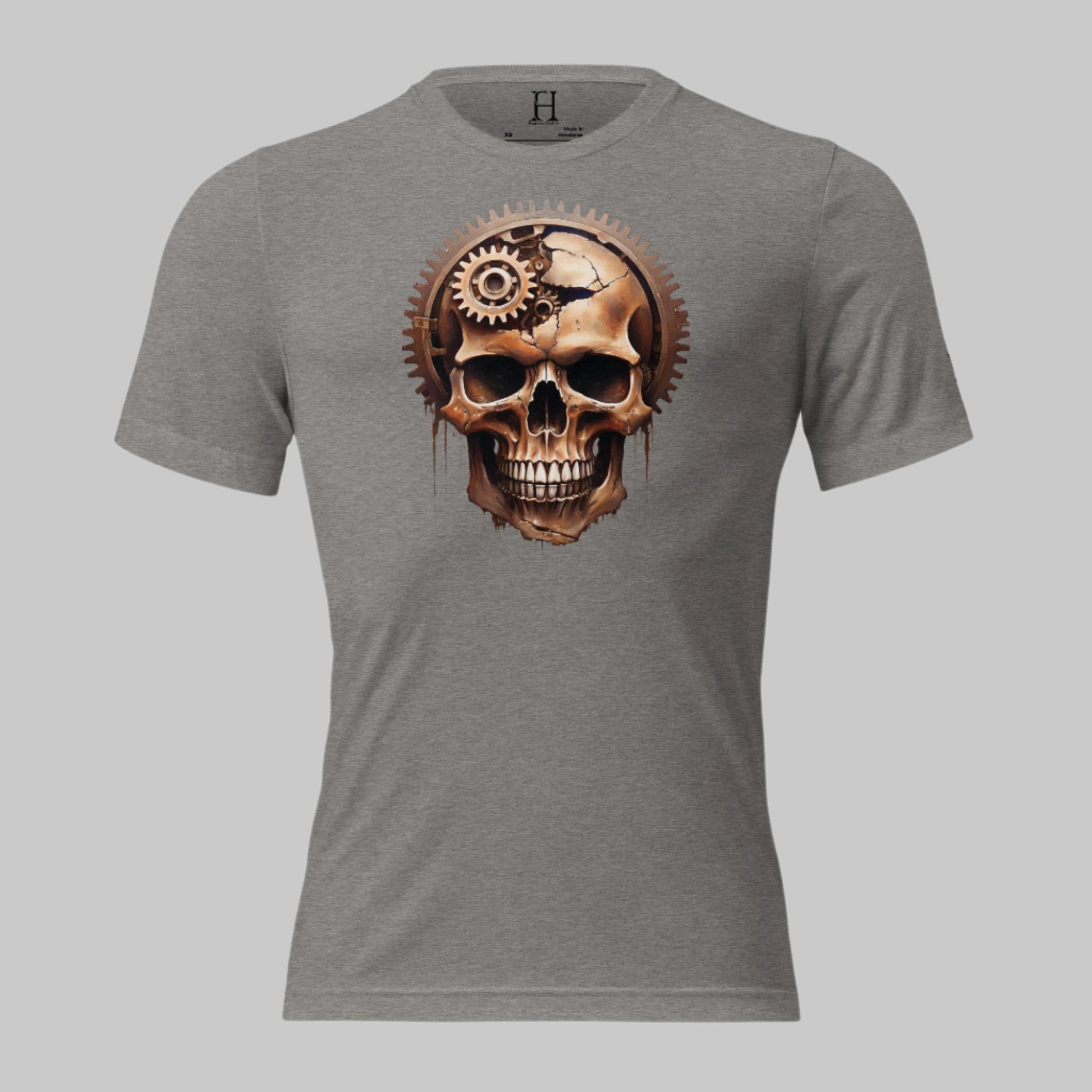 Front of Skull Gear Graphic Tee in Grey with Skull made with gear fragments design.