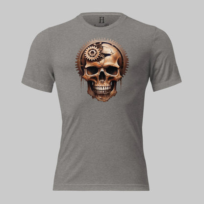 Front of Skull Gear Graphic Tee in Grey with Skull made with gear fragments design.