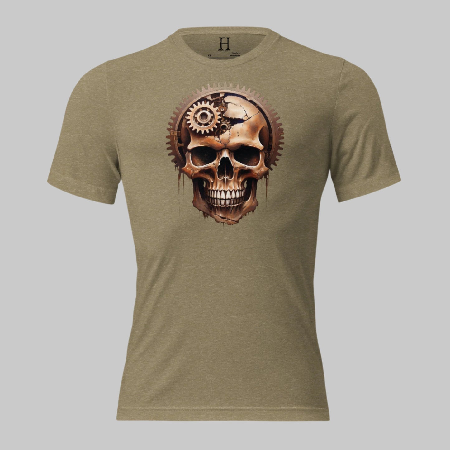 Front of Skull Gear Graphic Tee in Olive with Skull made with gear fragments design.