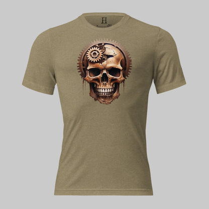 Front of Skull Gear Graphic Tee in Olive with Skull made with gear fragments design.