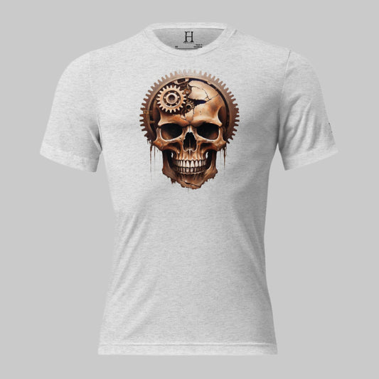 Front of Skull Gear Graphic Tee in White Fleck with Skull made with gear fragments design.