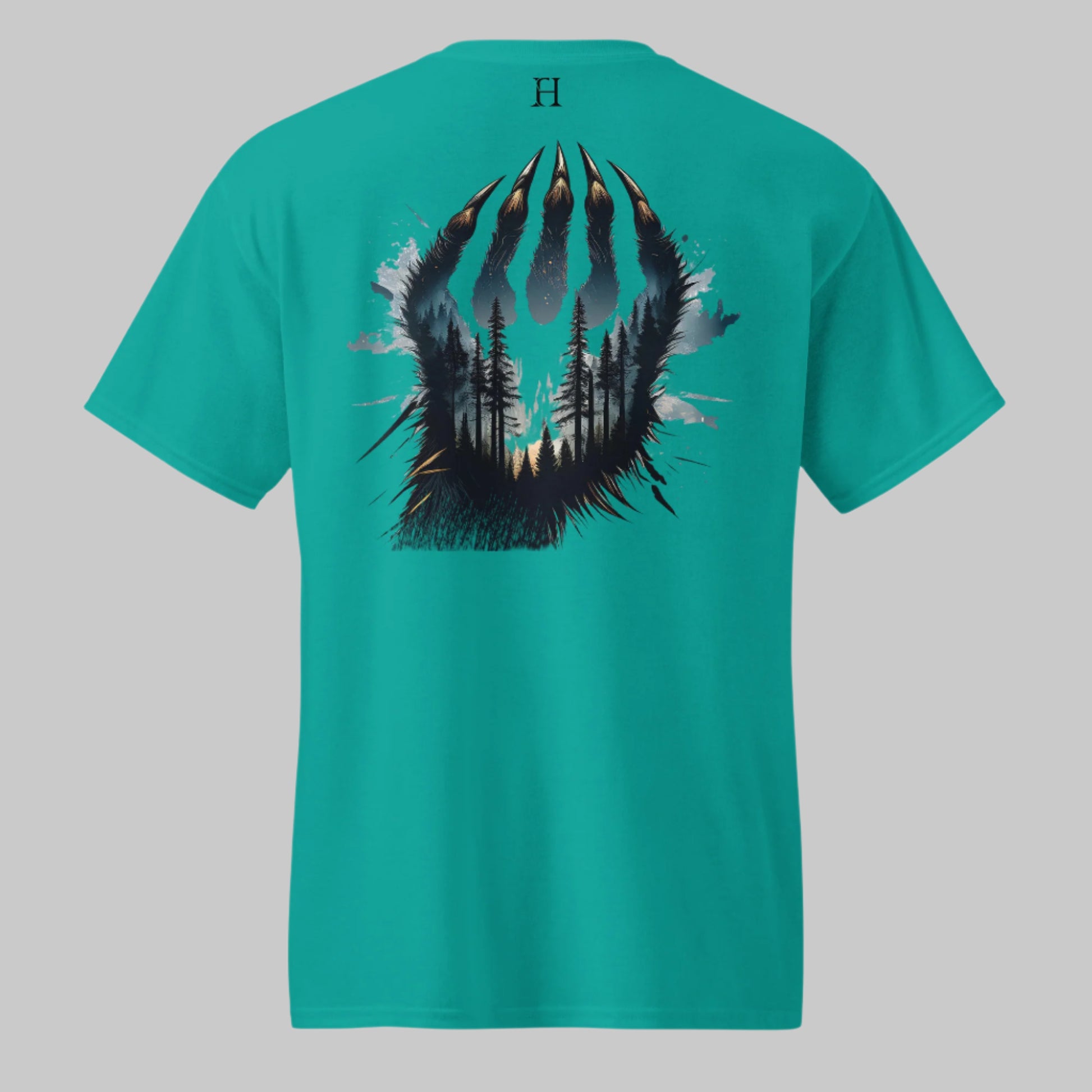 Back of Clawed Through Wild T-shirt in Jade Dome with Wildlife Claw Design.