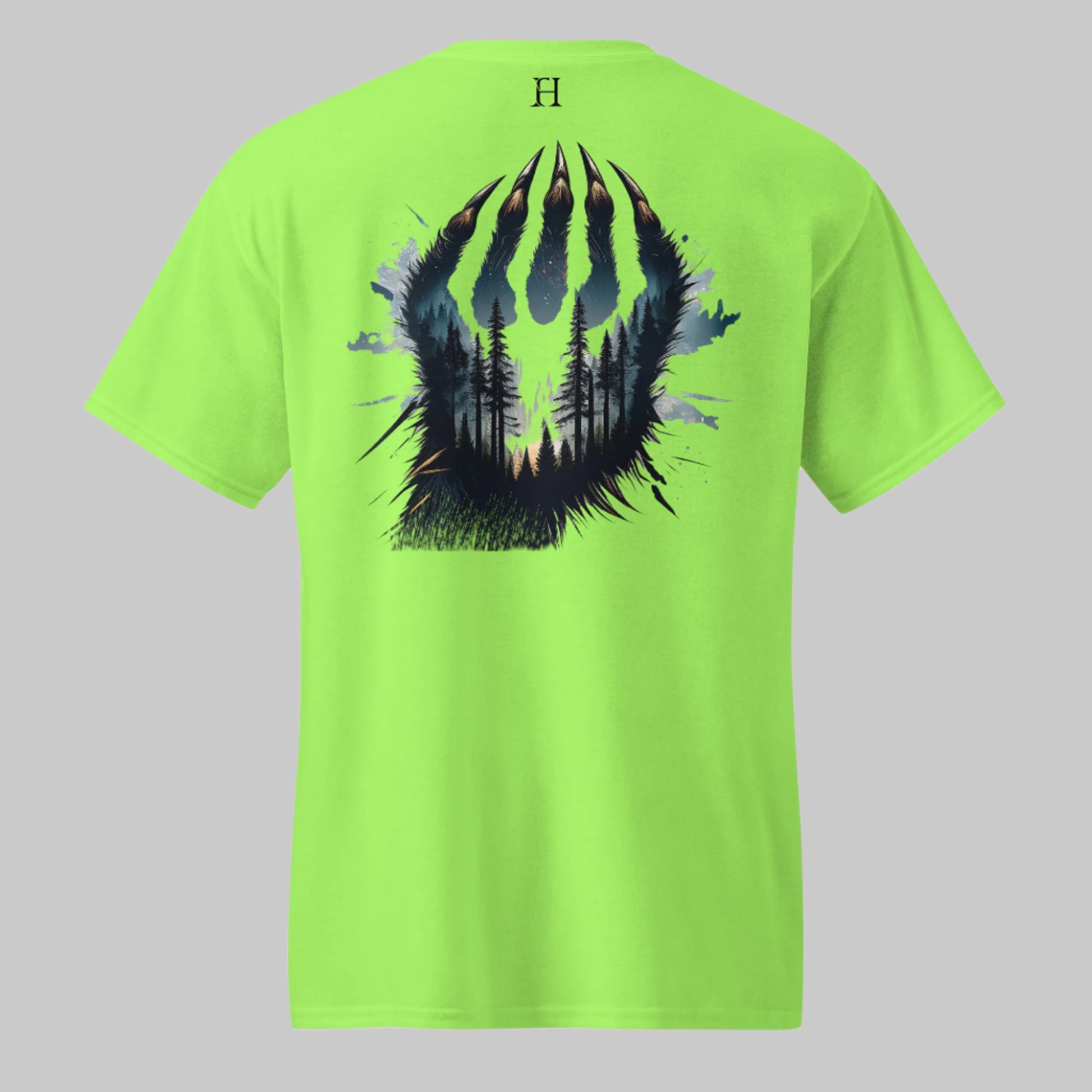 Back of Clawed Through Wild T-shirt in Lime with Wildlife Claw Design.