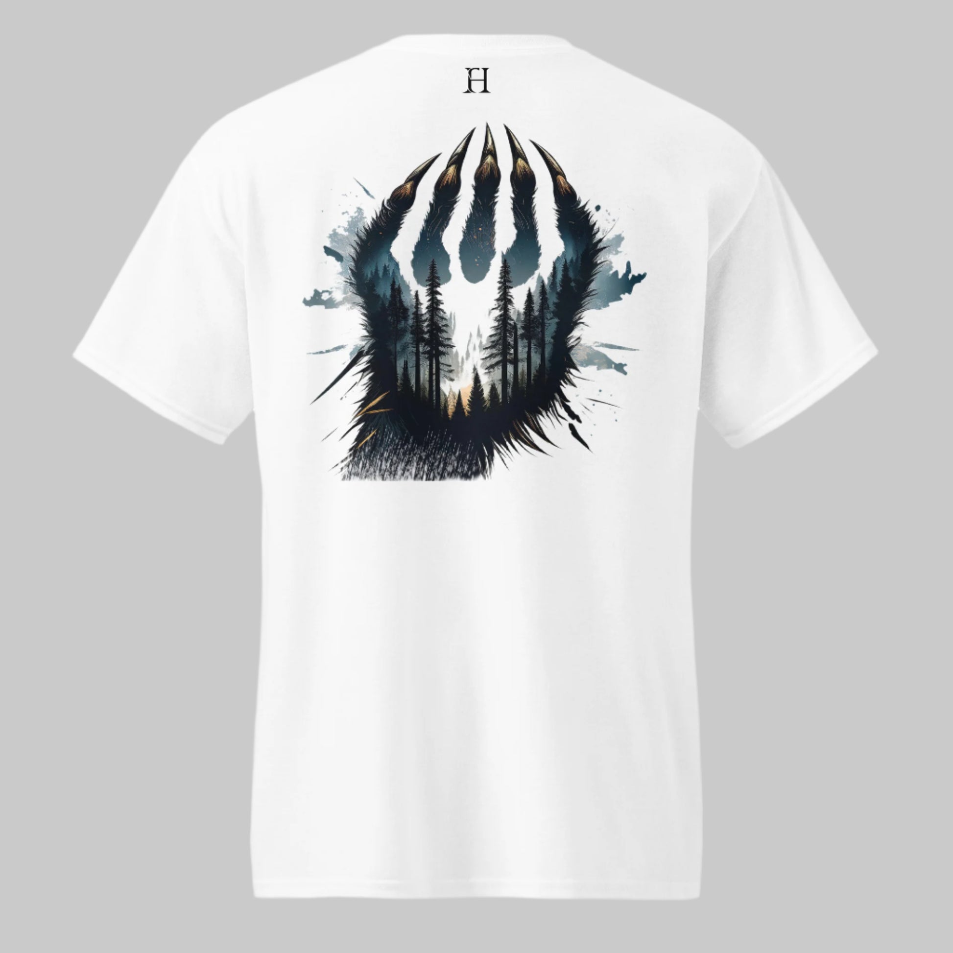 Back of Clawed Through Wild T-shirt in White with Wildlife Claw Design.