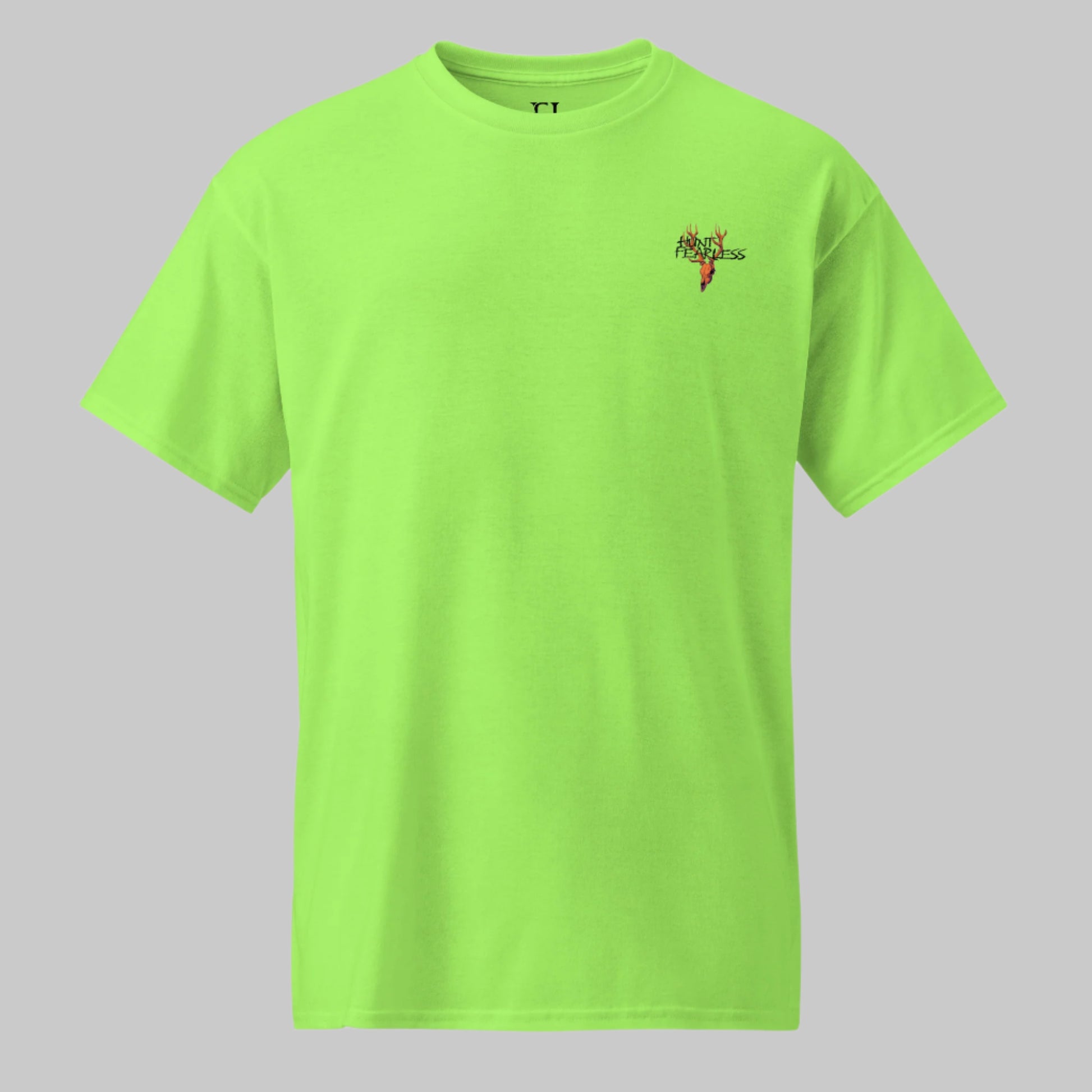 Front of Clawed Through Wildlife T-Shirt in Lime with deer logo and the words Hunt Fearless.