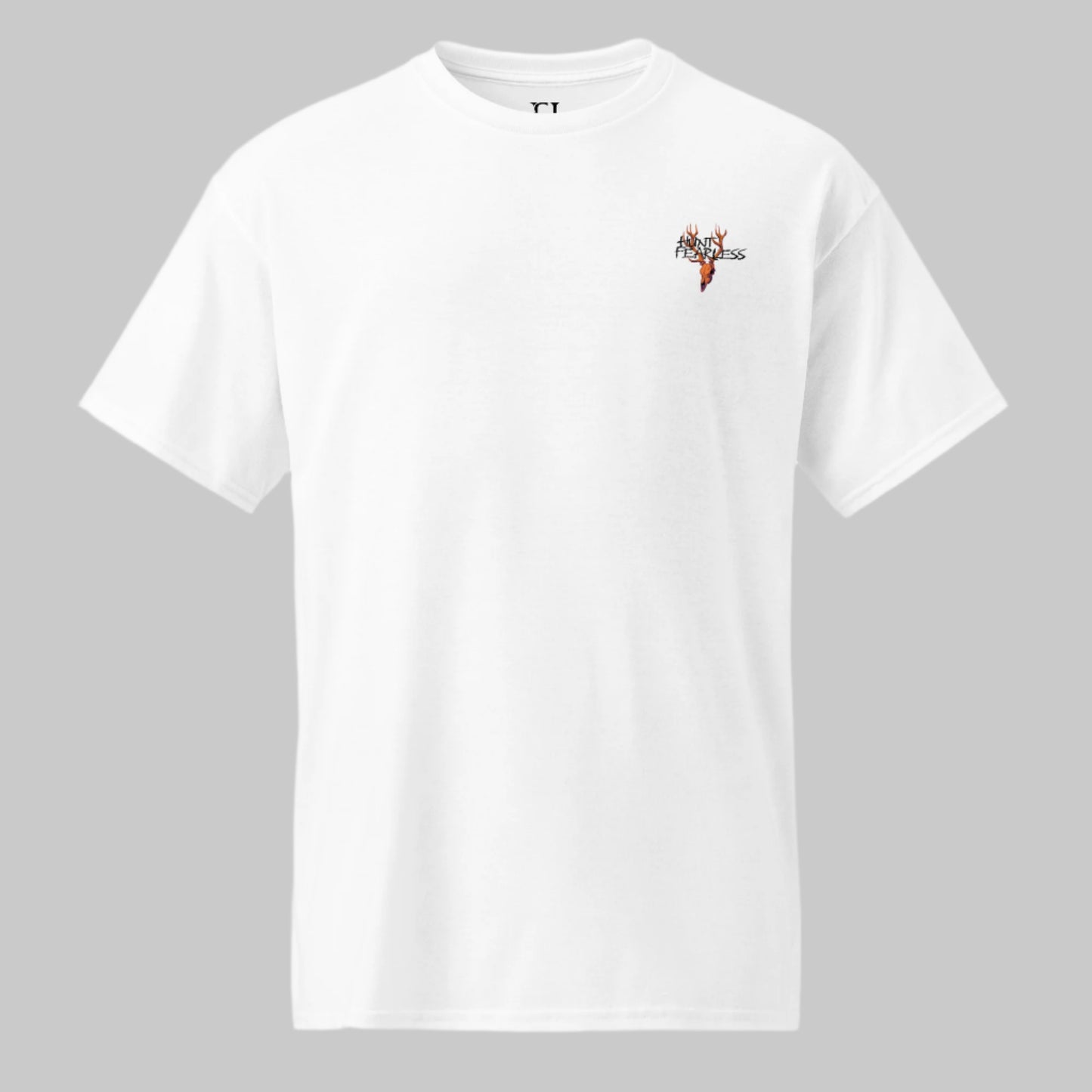 Front of Clawed Through Wildlife T-Shirt in Whitewith deer logo and the words Hunt Fearless.