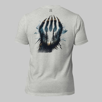 Back of Clawed Through Wild T-shirt in Grey with Wildlife Claw Design.