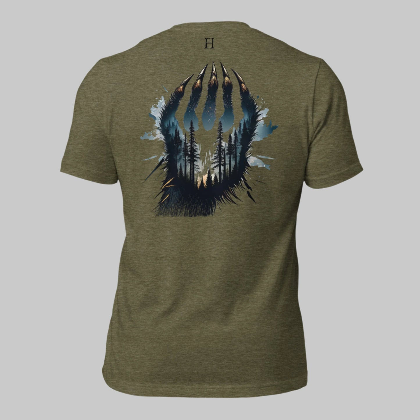 Back of Clawed Through Wild T-shirt in Olive with Wildlife Claw Design.