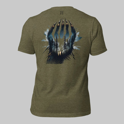 Back of Clawed Through Wild T-shirt in Olive with Wildlife Claw Design.