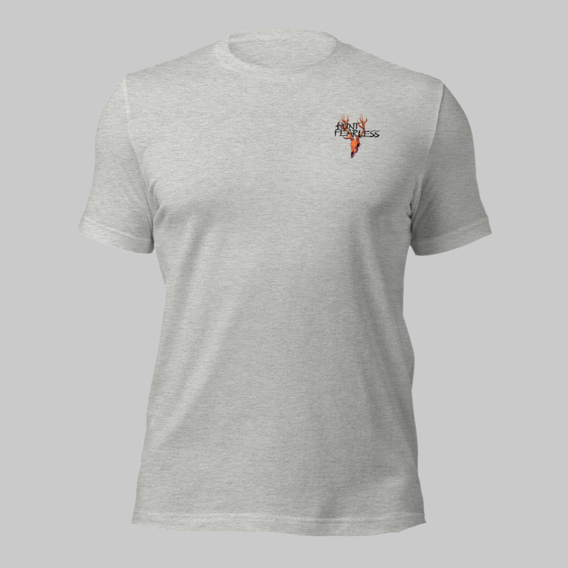 Front of Clawed Through Wildlife T-Shirt in Grey with deer logo and the words Hunt Fearless.