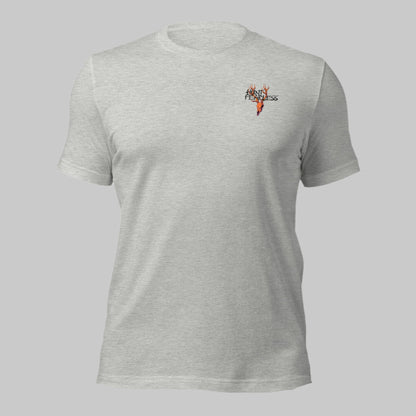 Front of Clawed Through Wildlife T-Shirt in Grey with deer logo and the words Hunt Fearless.